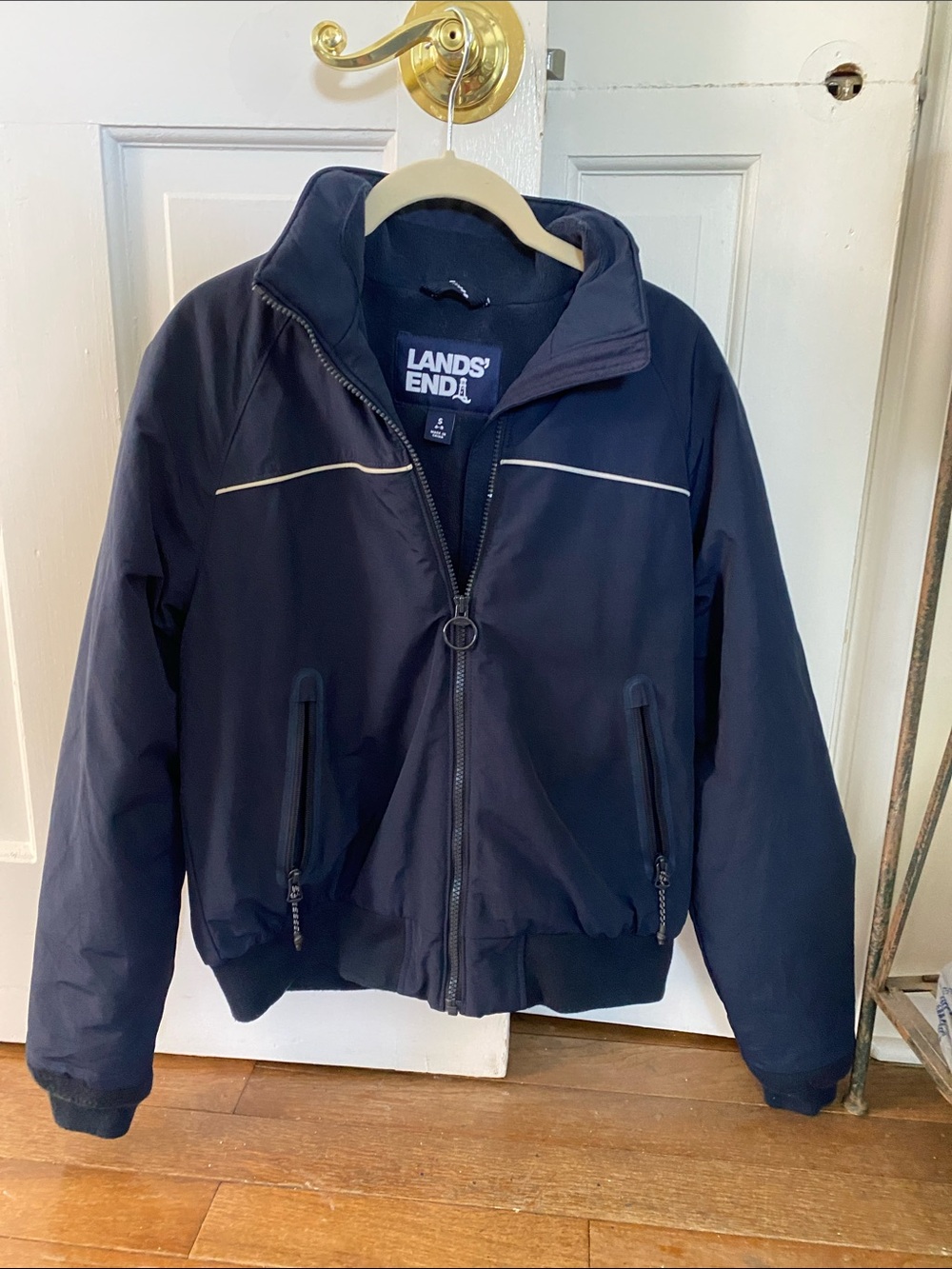 Lands' End Navy Blue Windbreaker Jacket with White Piping-size 6/8